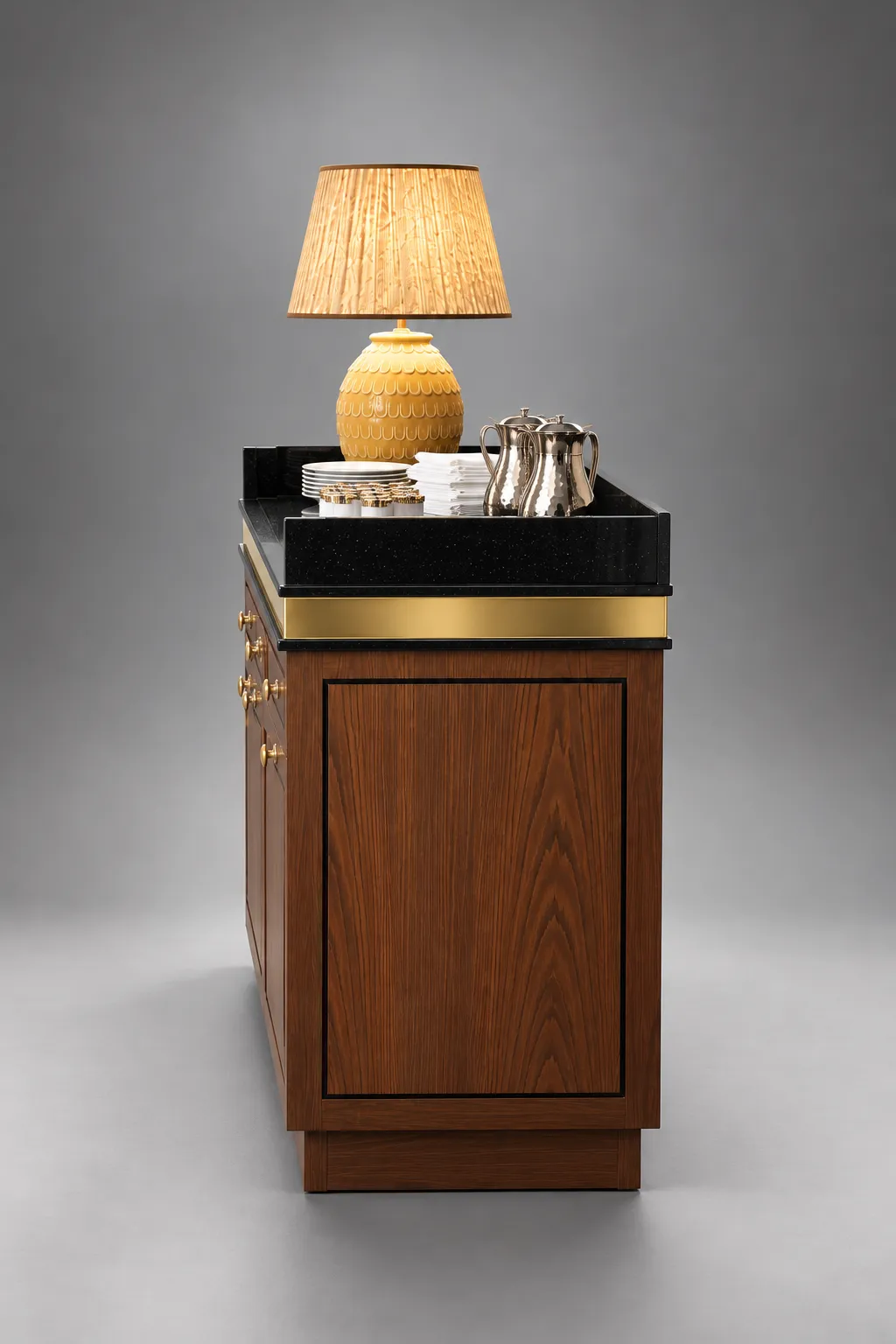 Walnut waiter station with a black stone top and brass trim, seen from the side