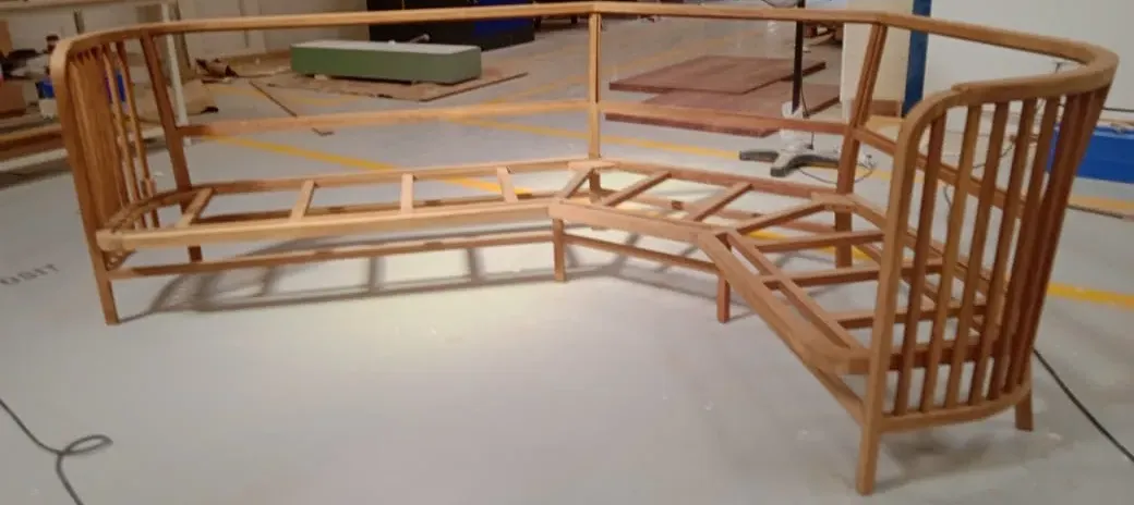Corner banquette timber frame on the workshop floor