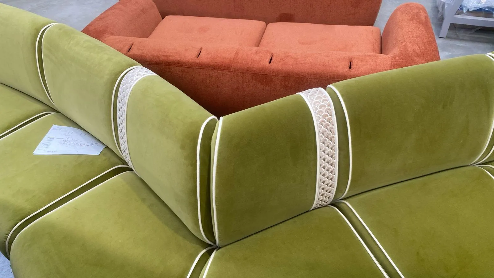 Detailed green upholstery in the workshop