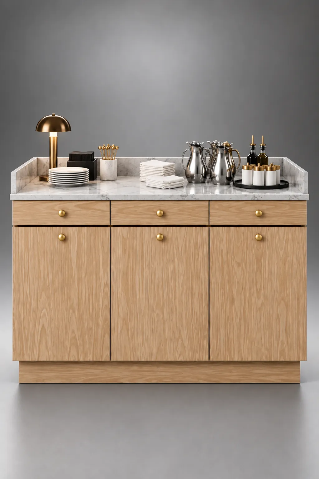 Oak waiter station with a marble top, brass lamp and service jugs