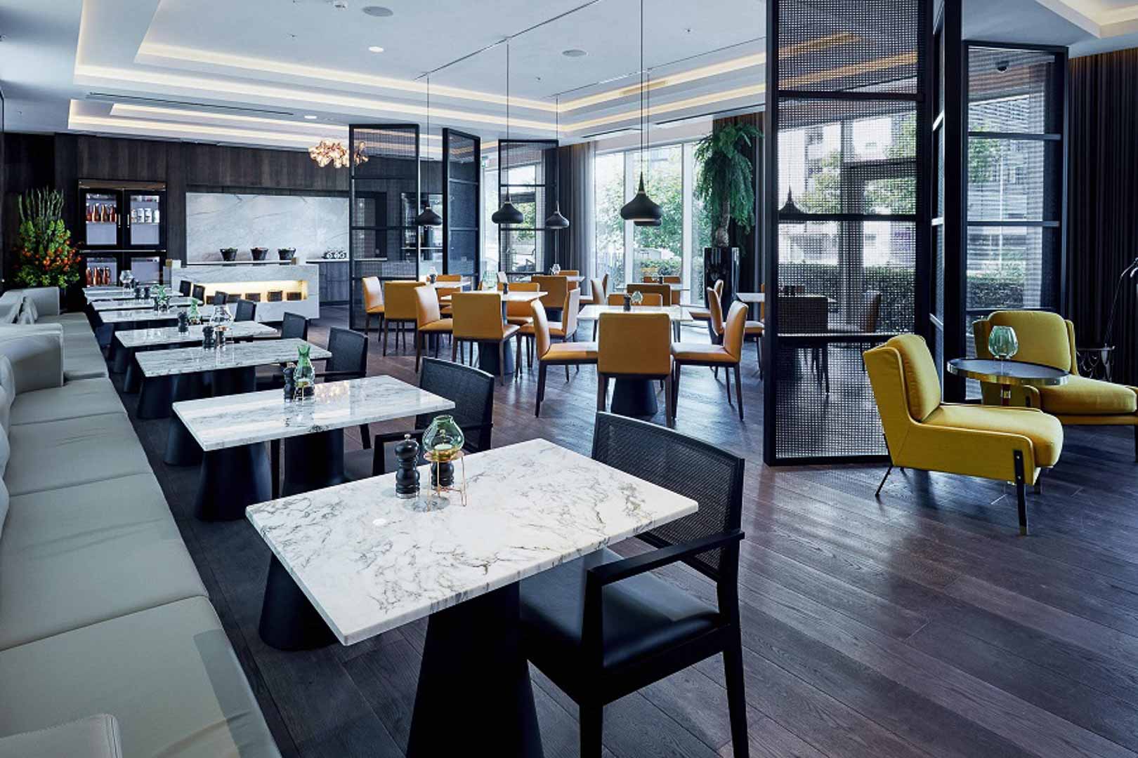 Calm restaurant with large windows, Marriott Hotel fitout and furniture, Brussels, Belgium